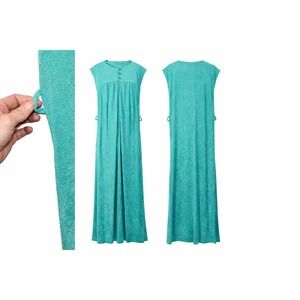 Vintage TAMM Turquoise Terry Cloth Maxi Dress Zip‎ Front Sleeveless Lounge Retro